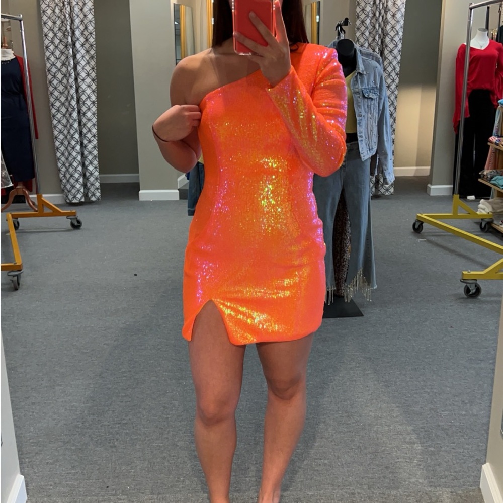 Orange Sequin One-Shoulder Dress